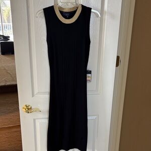 RACHEL Rachel Roy Black Ribbed Midi Dress with Gold Neckline
